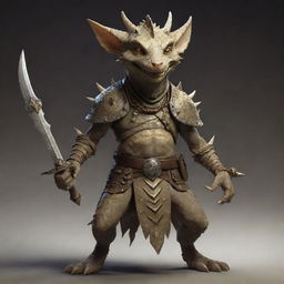 A stealthy kobold rogue, adorned with tribal armor and bone trinkets, brandishing a pair of daggers