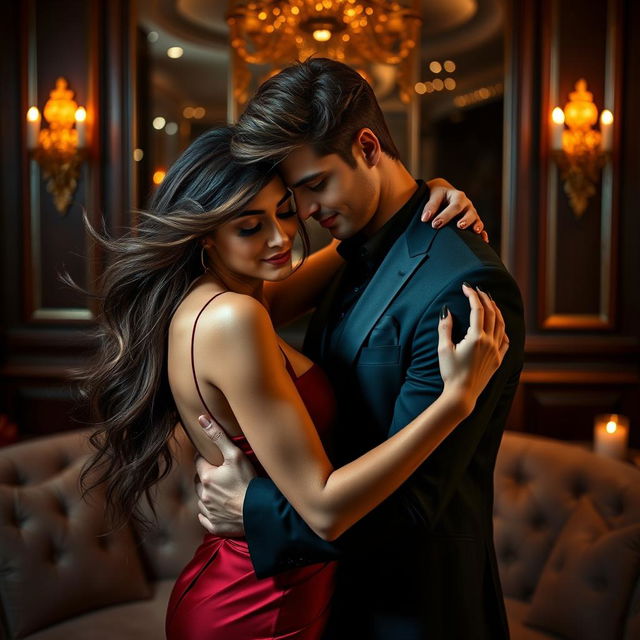 A romantic and sexy couple embracing passionately in a luxurious setting