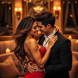 A romantic and sexy couple embracing passionately in a luxurious setting