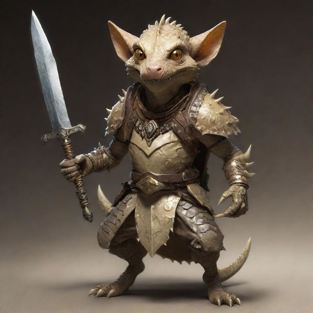 A stealthy kobold rogue, adorned with tribal armor and bone trinkets, brandishing a pair of daggers