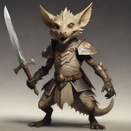 A stealthy kobold rogue, adorned with tribal armor and bone trinkets, brandishing a pair of daggers