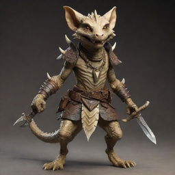 A stealthy kobold rogue, adorned with tribal armor and bone trinkets, brandishing a pair of daggers