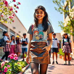 A lively and playful scene featuring a 15-year-old Indian school girl with a bright smile, wearing a stylish leather mini skirt that glistens in the sunlight, paired with a trendy t-shirt that showcases a fun graphic design