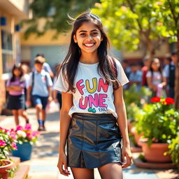 A lively and playful scene featuring a 15-year-old Indian school girl with a bright smile, wearing a stylish leather mini skirt that glistens in the sunlight, paired with a trendy t-shirt that showcases a fun graphic design