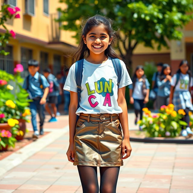 A lively and playful scene featuring a 15-year-old Indian school girl with a bright smile, wearing a stylish leather mini skirt that glistens in the sunlight, paired with a trendy t-shirt that showcases a fun graphic design