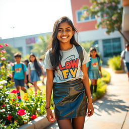 A lively and playful scene featuring a 15-year-old Indian school girl with a bright smile, wearing a stylish leather mini skirt that glistens in the sunlight, paired with a trendy t-shirt that showcases a fun graphic design