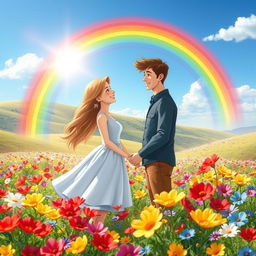 A whimsical scene featuring a vibrant rainbow arching gracefully from one partner to another, symbolizing their love