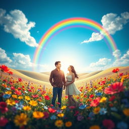 A whimsical scene featuring a vibrant rainbow arching gracefully from one partner to another, symbolizing their love