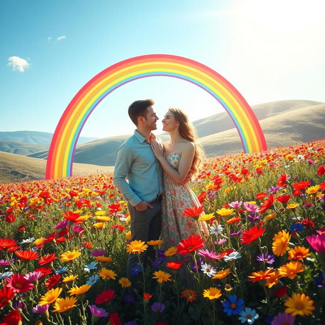 A whimsical scene featuring a vibrant rainbow arching gracefully from one partner to another, symbolizing their love