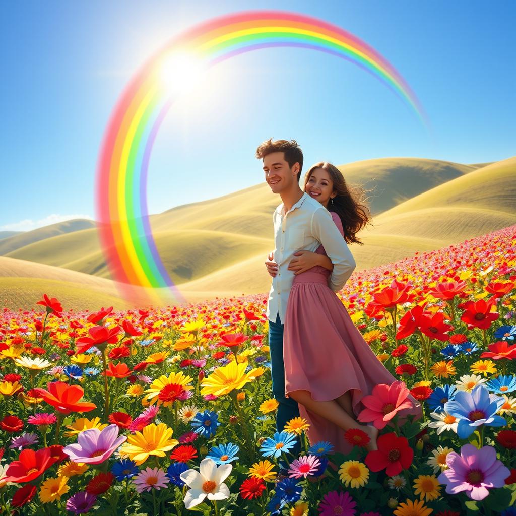 A whimsical scene featuring a vibrant rainbow arching gracefully from one partner to another, symbolizing their love