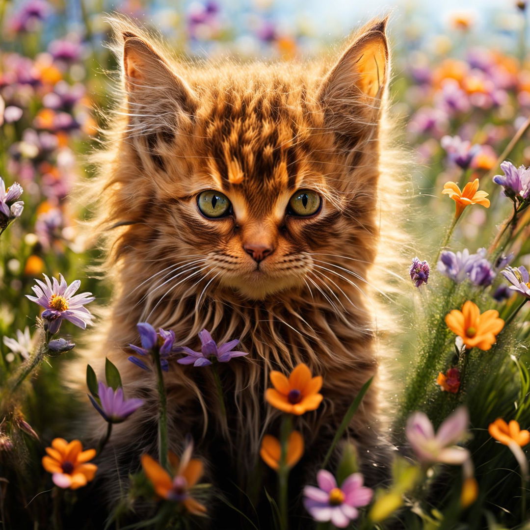 A vibrant photograph of a long-haired, fluffy ginger kitten with sapphire blue eyes sitting amidst a field of colorful wildflowers under a clear blue sky