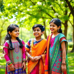 A vibrant outdoor scene featuring a playful interaction between two Indian girls and a boy