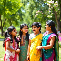 A vibrant outdoor scene featuring a playful interaction between two Indian girls and a boy