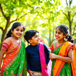 A vibrant outdoor scene featuring a playful interaction between two Indian girls and a boy