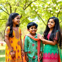 A vibrant outdoor scene featuring a playful interaction between two Indian girls and a boy
