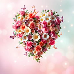 A vibrant and beautifully detailed love heart made of various flowers, including roses, daisies, and tulips, intertwining to create a stunning shape