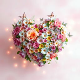 A vibrant and beautifully detailed love heart made of various flowers, including roses, daisies, and tulips, intertwining to create a stunning shape