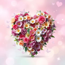 A vibrant and beautifully detailed love heart made of various flowers, including roses, daisies, and tulips, intertwining to create a stunning shape