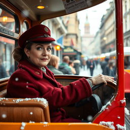 A woman dressed in a typical Moscow tram driver's uniform, confidently operating a tram with a bustling city scene in the background