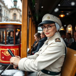 A woman dressed in a typical Moscow tram driver's uniform, confidently operating a tram with a bustling city scene in the background