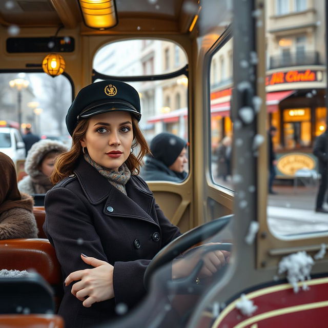 A woman dressed in a typical Moscow tram driver's uniform, confidently operating a tram with a bustling city scene in the background