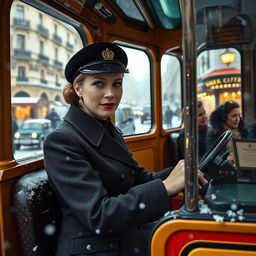 A woman dressed in a typical Moscow tram driver's uniform, confidently operating a tram with a bustling city scene in the background