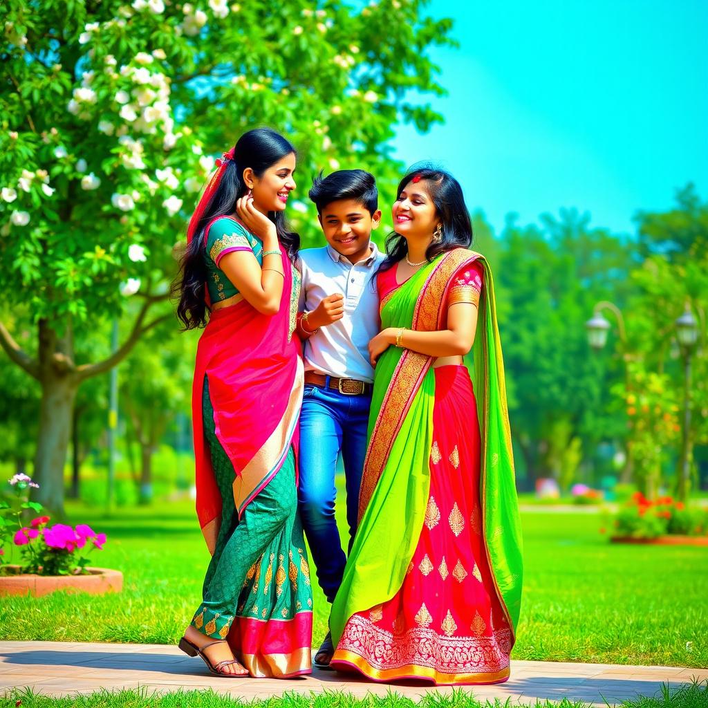 A vibrant scene depicting two Indian teenage girls and a boy in a park, laughing and enjoying their time together