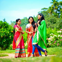 A vibrant scene depicting two Indian teenage girls and a boy in a park, laughing and enjoying their time together