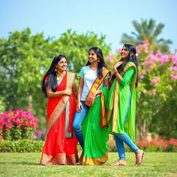 A vibrant scene depicting two Indian teenage girls and a boy in a park, laughing and enjoying their time together