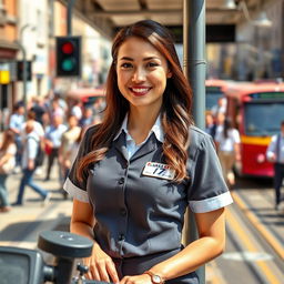A woman dressed in a typical tram driver's uniform, standing proudly beside a modern tram