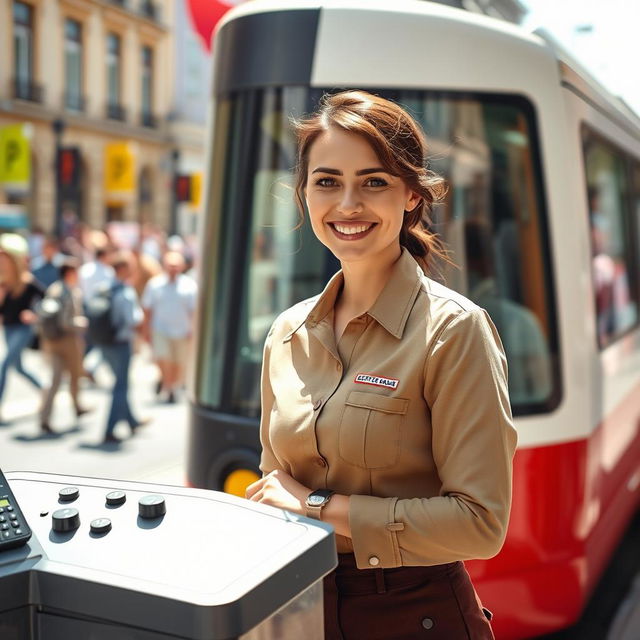 A woman dressed in a typical tram driver's uniform, standing proudly beside a modern tram