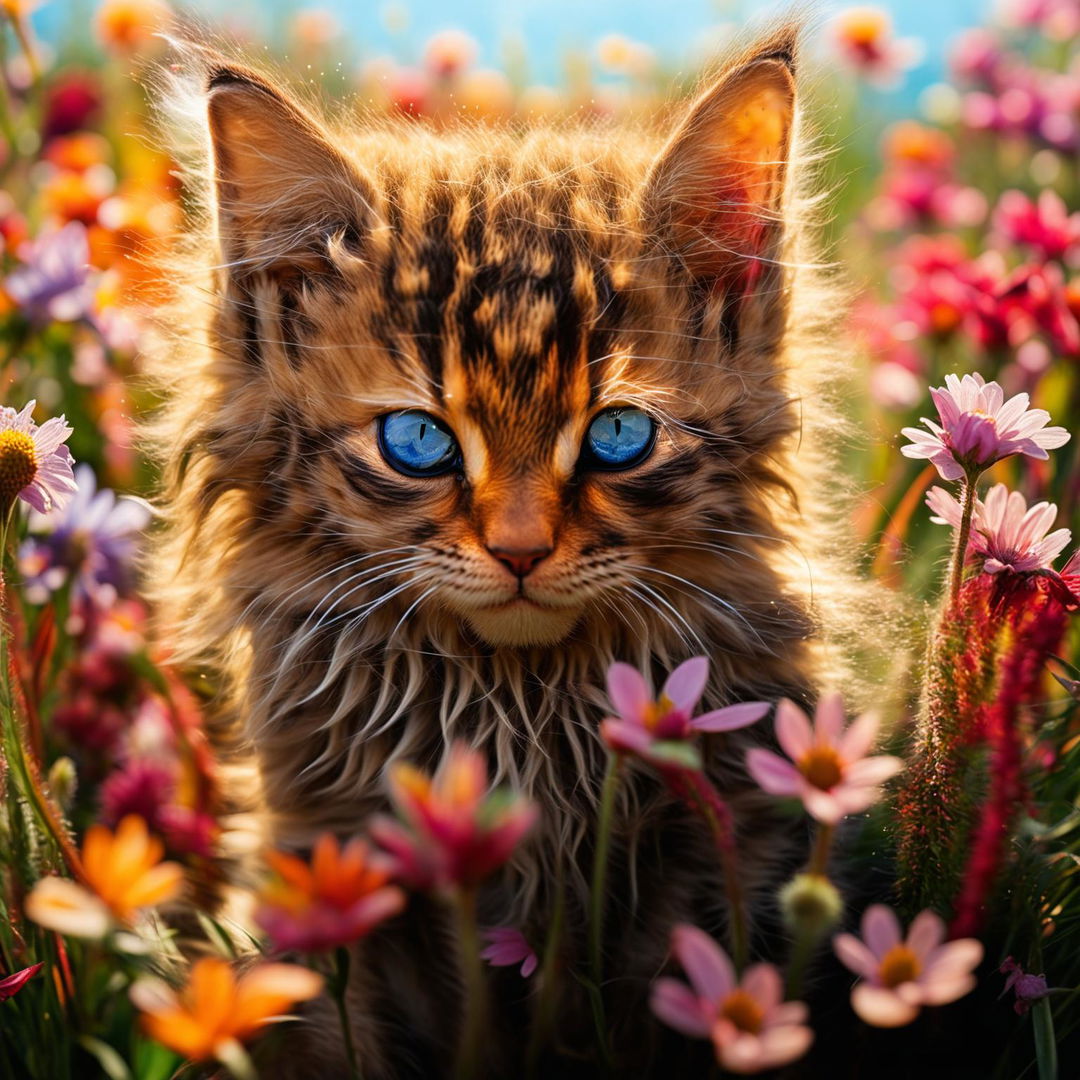 A high-resolution photograph of a long-haired, fluffy ginger kitten with sapphire blue eyes sitting amidst a field of colorful wildflowers under a clear blue sky