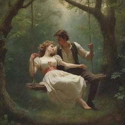 Recreate Pierre-Auguste Cot's 'Springtime', a romantic painting featuring a man and woman on a swing in a lush forest, with an antique aesthetic and detailed, vibrant colors