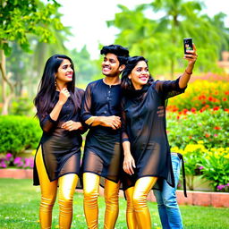 A lively outdoor scene featuring two Indian teenage girls and a boy in a playful setting