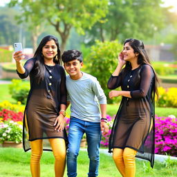 A lively outdoor scene featuring two Indian teenage girls and a boy in a playful setting