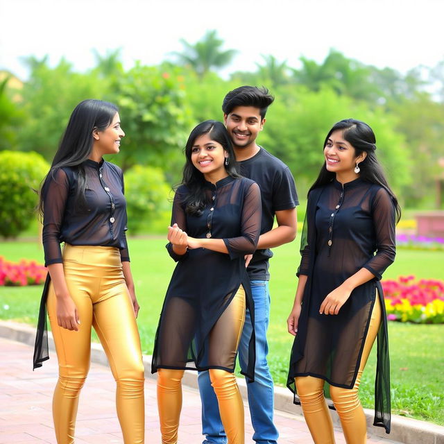 A lively outdoor scene featuring two Indian teenage girls and a boy in a playful setting