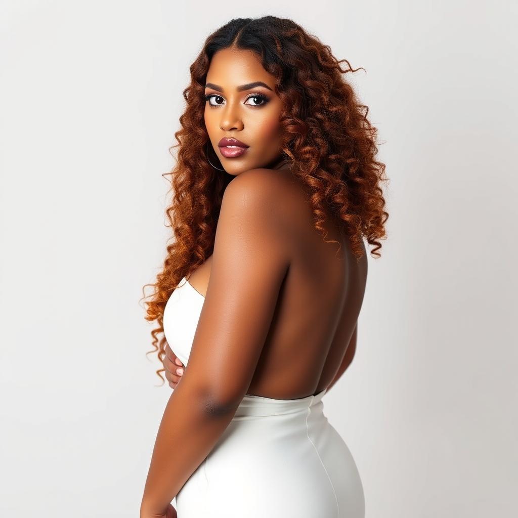 A sexy woman standing at 5’4’’ with an olive complexion, showcasing her natural long auburn 4B curly hair that cascades elegantly down her back