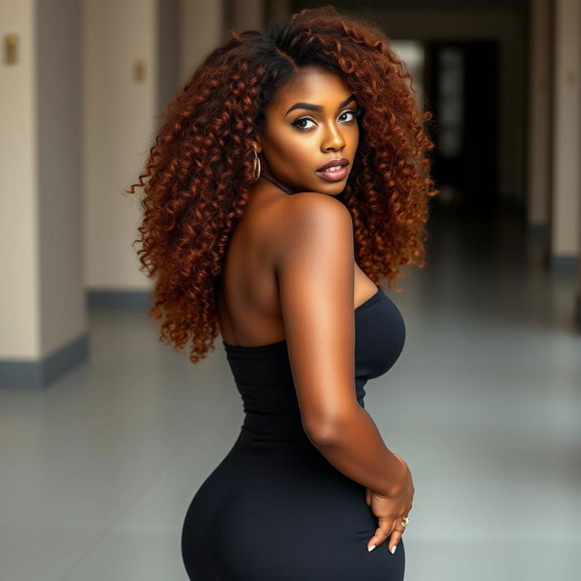 A sexy woman standing at 5’4’’ with an olive complexion, showcasing her natural long auburn 4B curly hair that cascades elegantly down her back