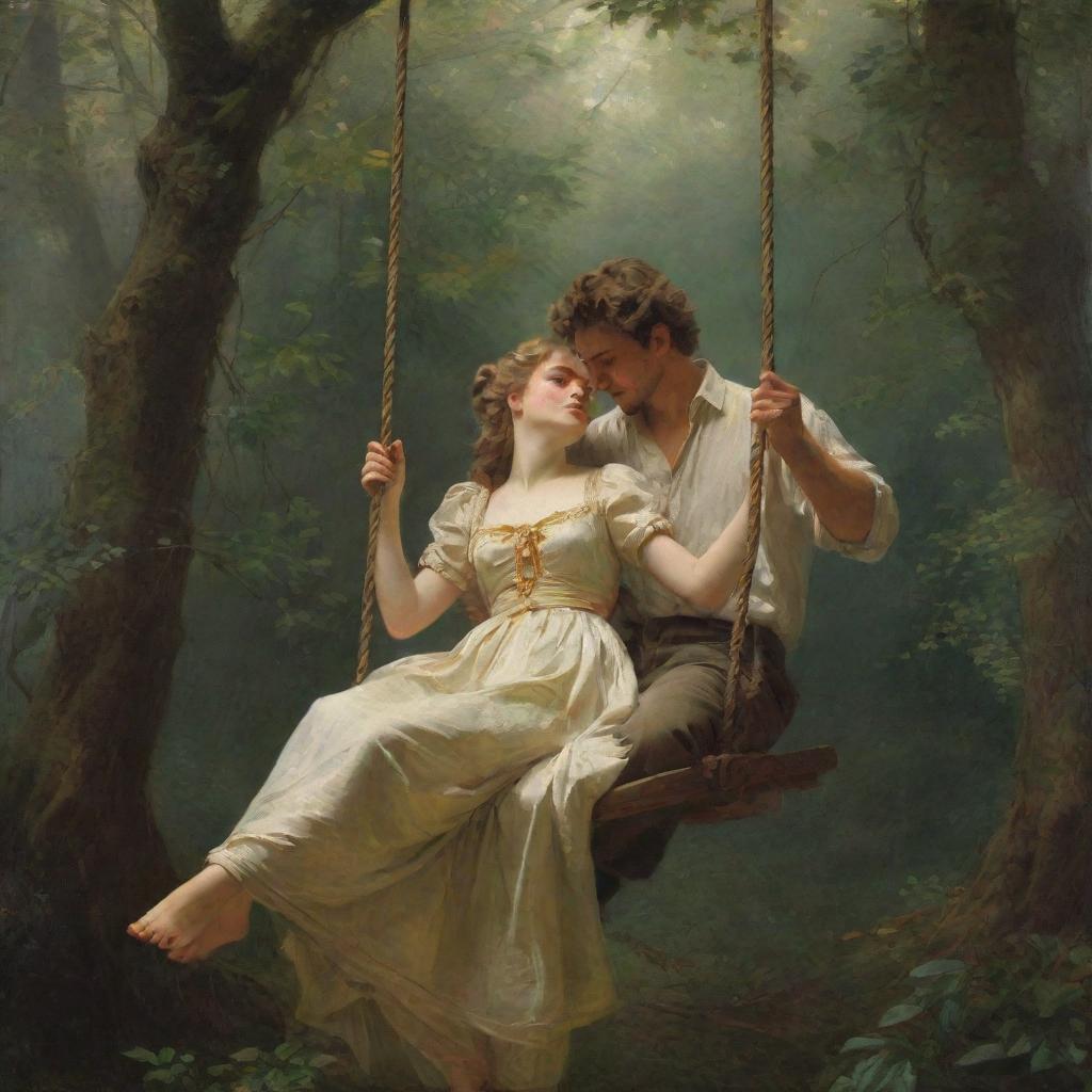 Recreate Pierre-Auguste Cot's 'Springtime', a romantic painting featuring a man and woman on a swing in a lush forest, with an antique aesthetic and detailed, vibrant colors