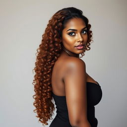 A sexy woman standing at 5’4’’ with an olive complexion, showcasing her natural long auburn 4B curly hair that cascades elegantly down her back