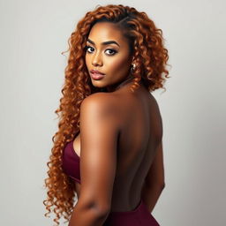 A sexy woman standing at 5’4’’ with an olive complexion, showcasing her natural long auburn 4B curly hair that cascades elegantly down her back