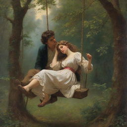 Recreate Pierre-Auguste Cot's 'Springtime', a romantic painting featuring a man and woman on a swing in a lush forest, with an antique aesthetic and detailed, vibrant colors