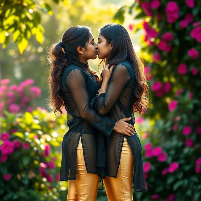 A tender scene capturing two Indian teenage girls closely embracing in a moment of affection