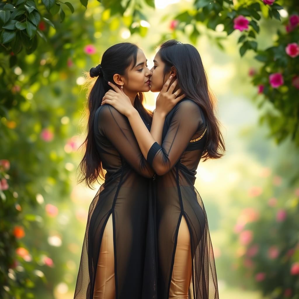 A tender scene capturing two Indian teenage girls closely embracing in a moment of affection