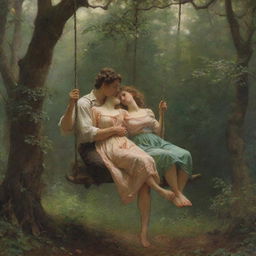 Recreate Pierre-Auguste Cot's 'Springtime', a romantic painting featuring a man and woman on a swing in a lush forest, with an antique aesthetic and detailed, vibrant colors