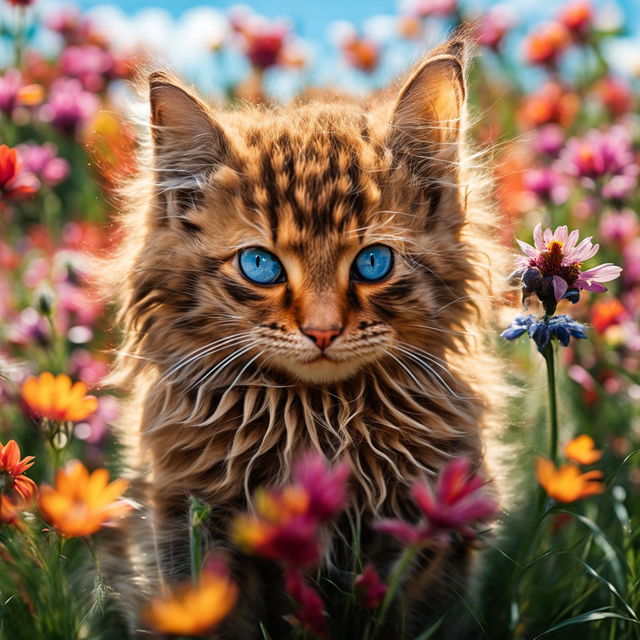 A high-resolution photograph taken with a Sony α7 III and Sony FE 105mm lens, featuring a long-haired, fluffy ginger kitten with sapphire blue eyes sitting amidst a field of colorful wildflowers under a clear blue sky