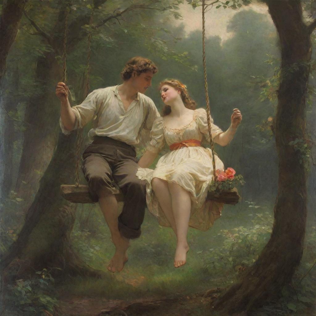 Recreate Pierre-Auguste Cot's 'Springtime', a romantic painting featuring a man and woman on a swing in a lush forest, with an antique aesthetic and detailed, vibrant colors