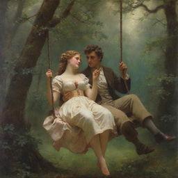 Recreate Pierre-Auguste Cot's 'Springtime', a romantic painting featuring a man and woman on a swing in a lush forest, with an antique aesthetic and detailed, vibrant colors