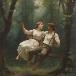 Recreate Pierre-Auguste Cot's 'Springtime', a romantic painting featuring a man and woman on a swing in a lush forest, with an antique aesthetic and detailed, vibrant colors