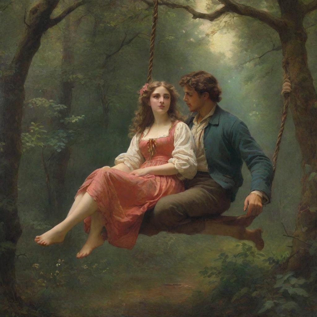 Recreate Pierre-Auguste Cot's 'Springtime', a romantic painting featuring a man and woman on a swing in a lush forest, with an antique aesthetic and detailed, vibrant colors